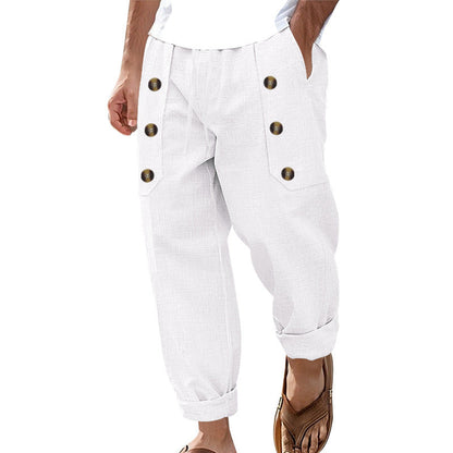 Herren Leinenhose Lässig mit Knöpfen Sommerhose Beige