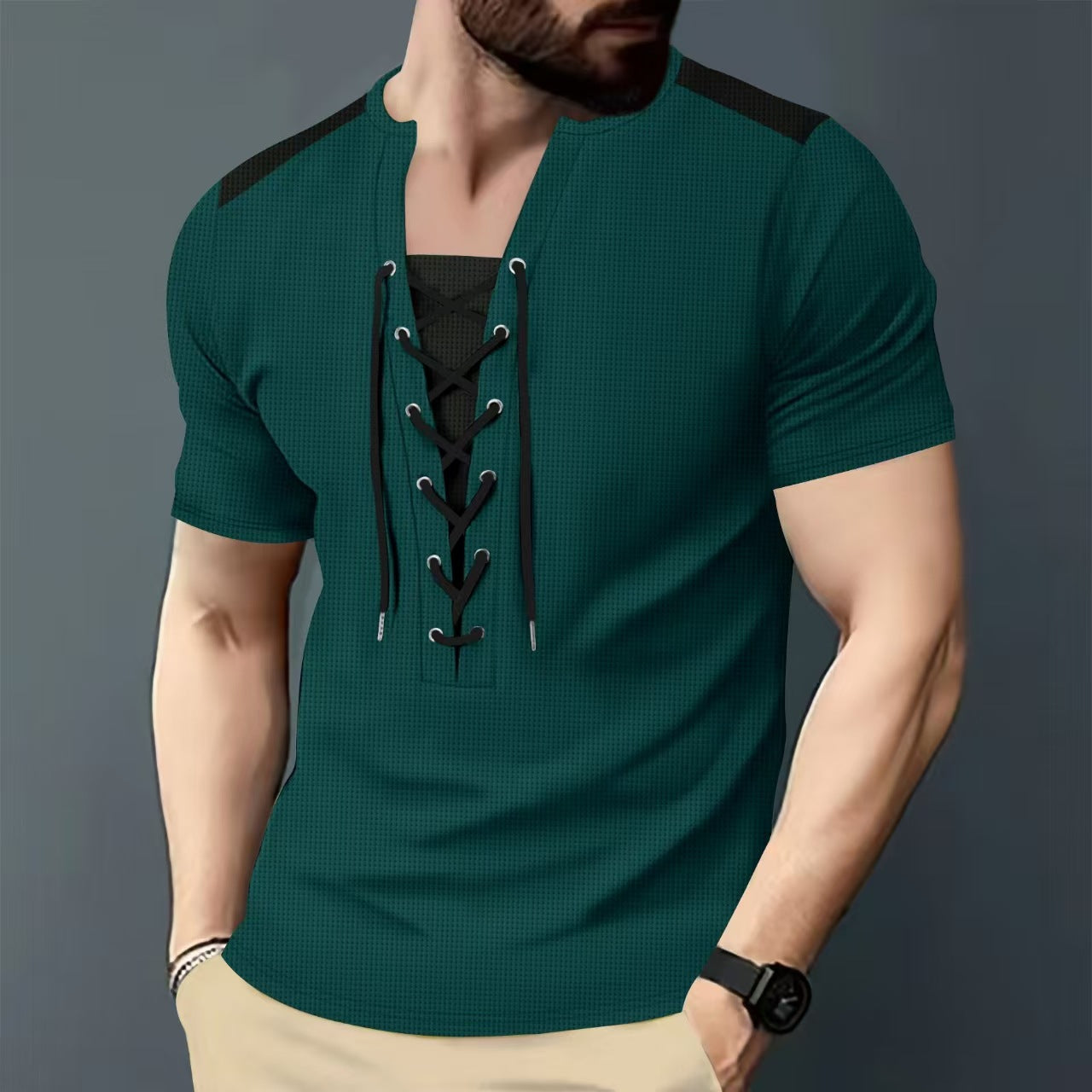 Herren Sportshirt Kurzarm Schnürdesign Modern