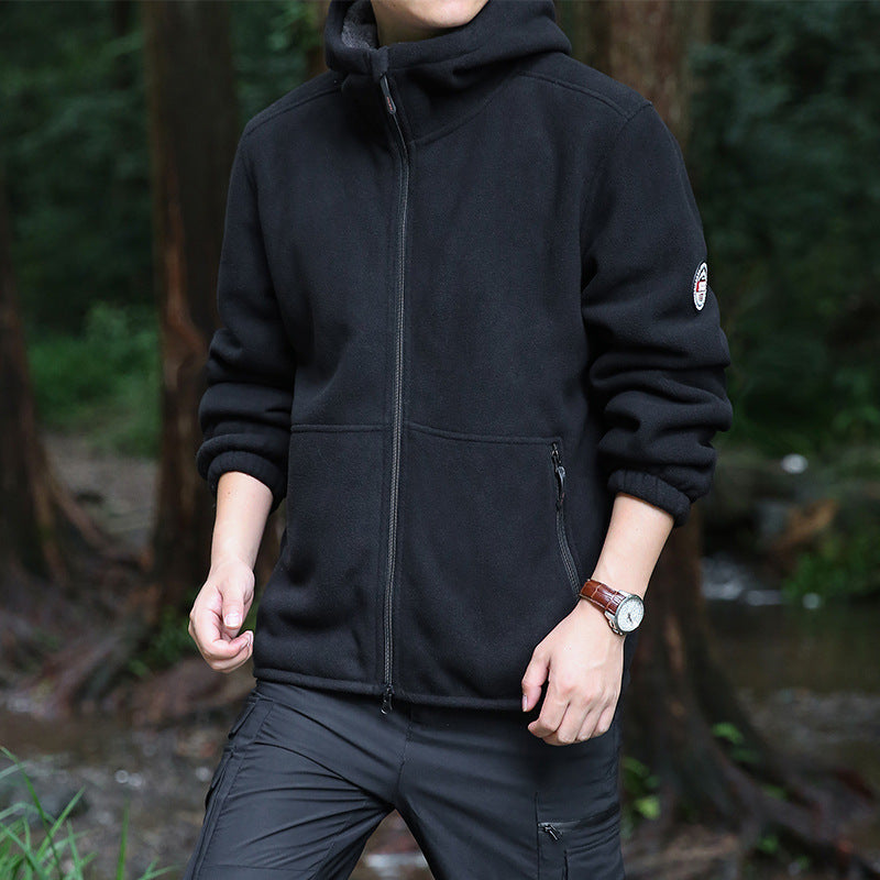 Herren Fleecejacke Warm Verstellbare Kapuze Reißverschluss Taschen