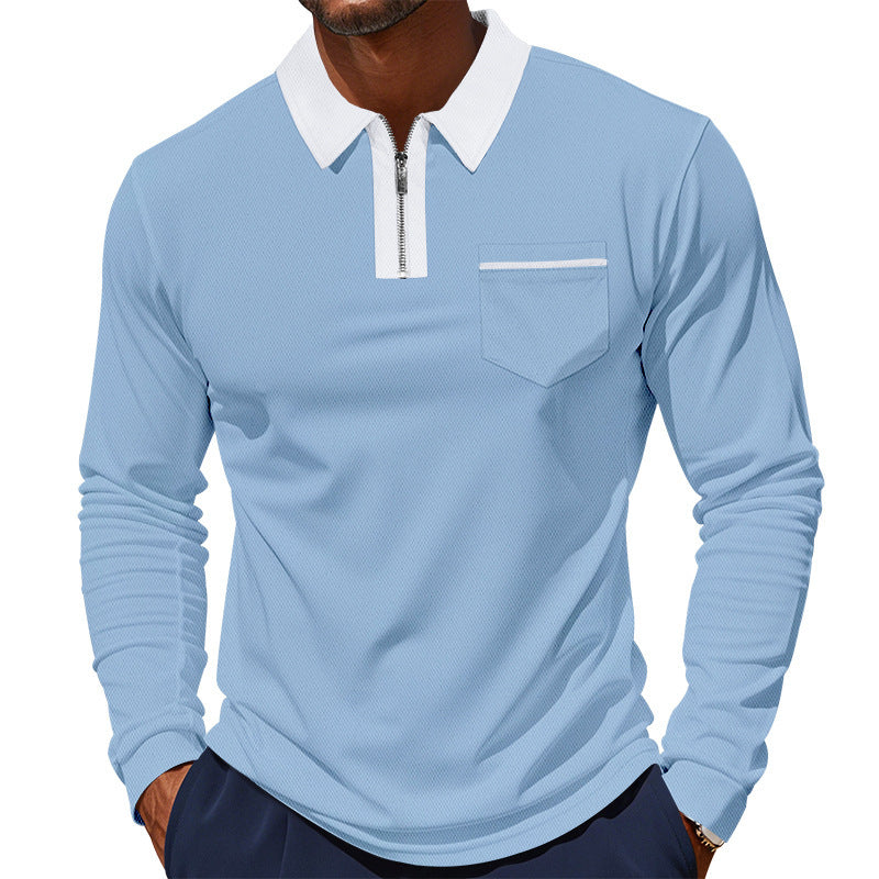 Herren Polo Langarm mit Reißverschluss und Brusttasche Modern