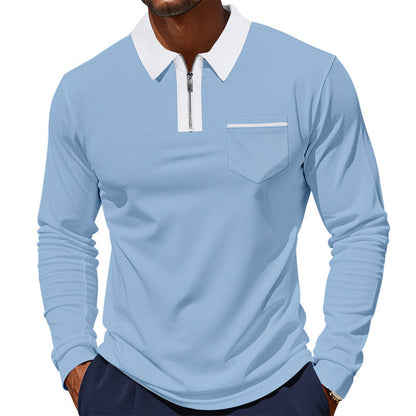 Herren Polo Langarm mit Reißverschluss und Brusttasche Modern