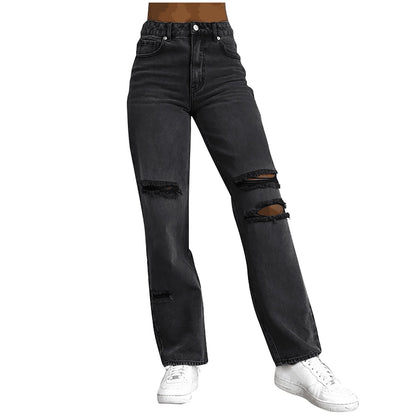 Damen High-Waist Ripped Jeans Mit Fransen und Lochdetails
