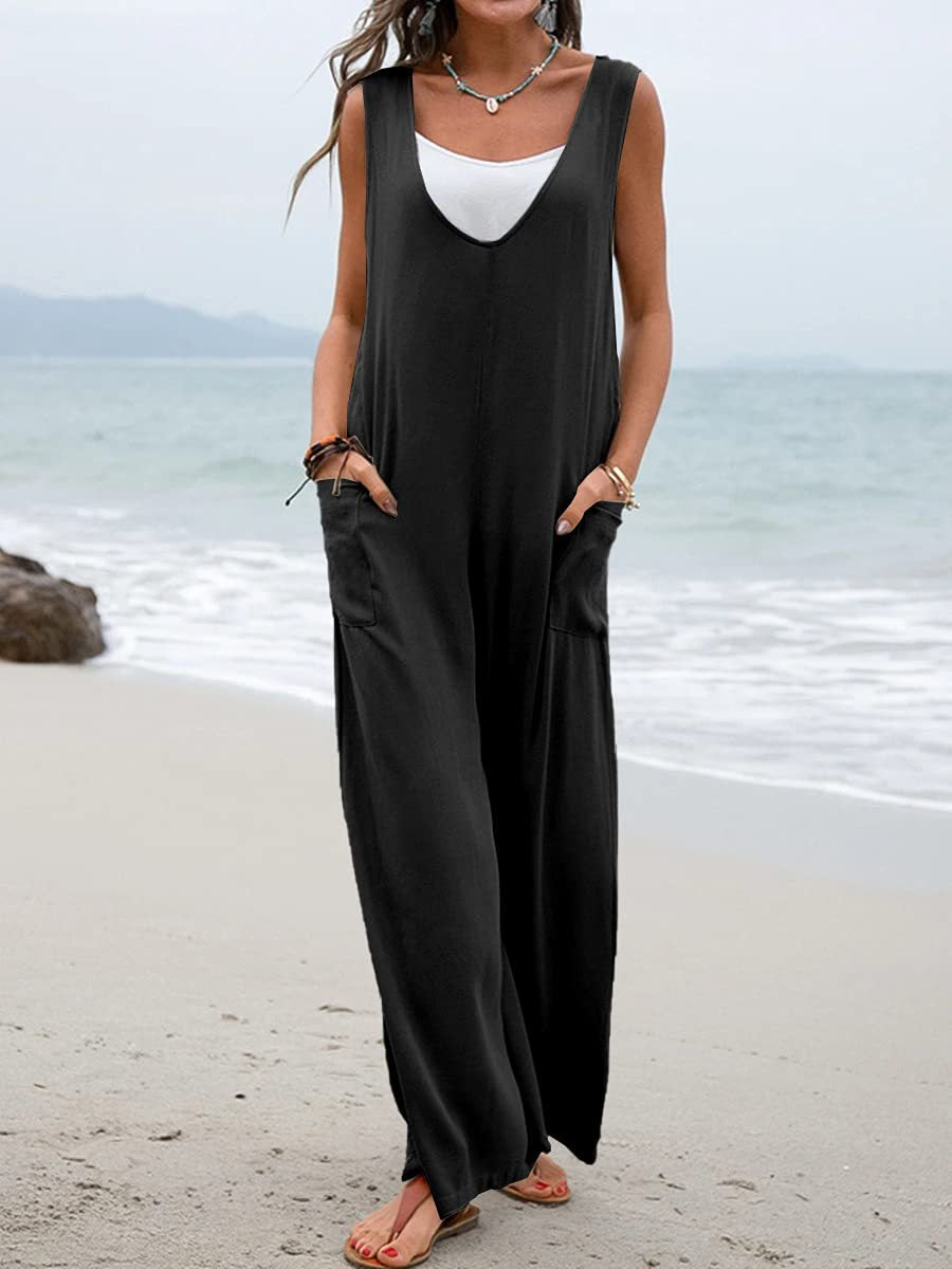Sommer Jumpsuit Damen Weit mit Taschen und V-Ausschnitt