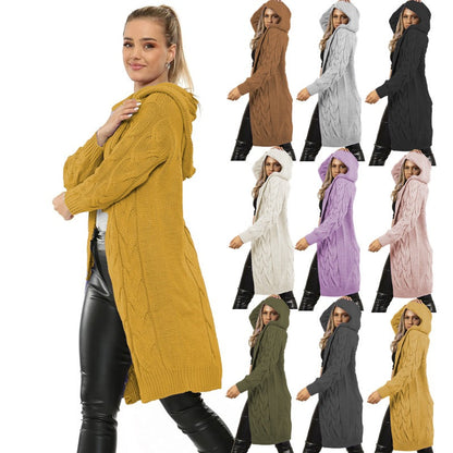 Damen Strickmantel Kapuze Zopfmuster Modern - BerlinGlamour