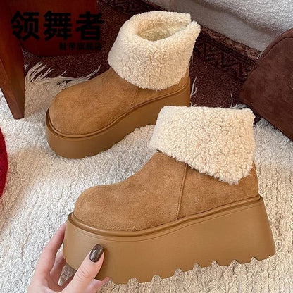 Damen Plateau Stiefel Flauschig mit Plüschkragen Winter