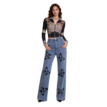 Damen Jeans Hoher Bund Blumenmuster Flare Style