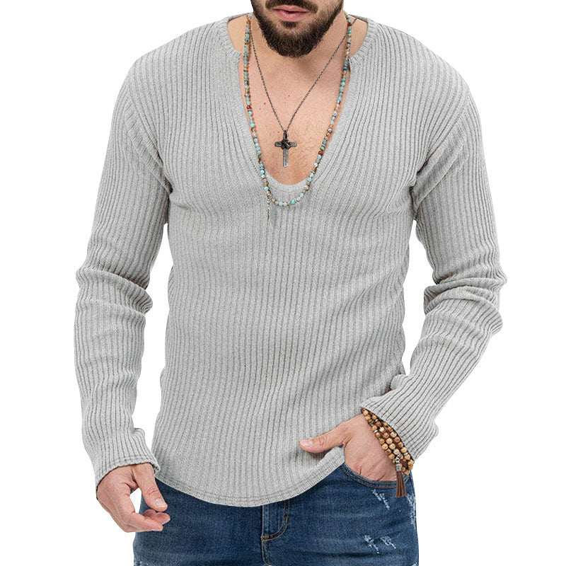 Herren Pullover Langarm Ripp V-Ausschnitt Lässig Modern