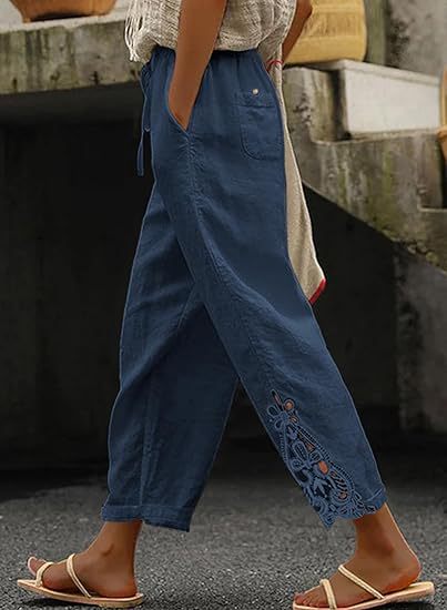 Leinenhose Damen Sommer Leicht Stickerei Modern