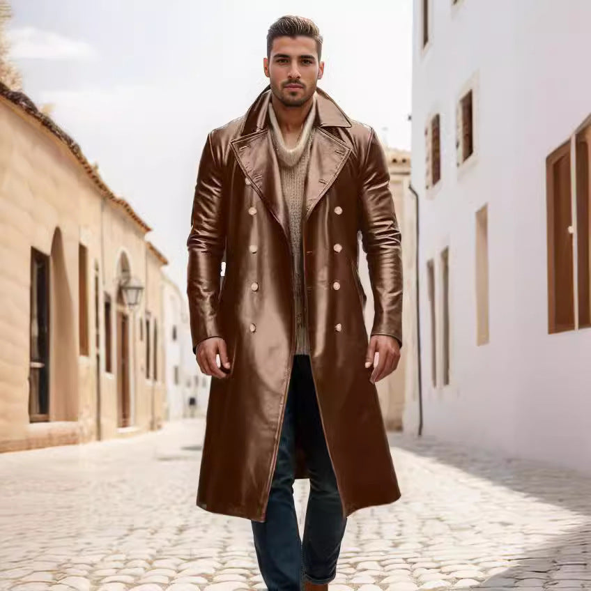 Herren Leder-Trenchcoat Elegant Moderner Schnitt