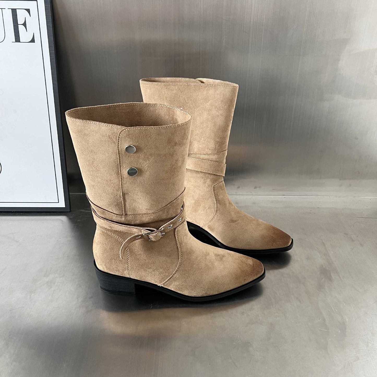 Damen Stiefel Wildleder Elegante Schnalle Schuhe