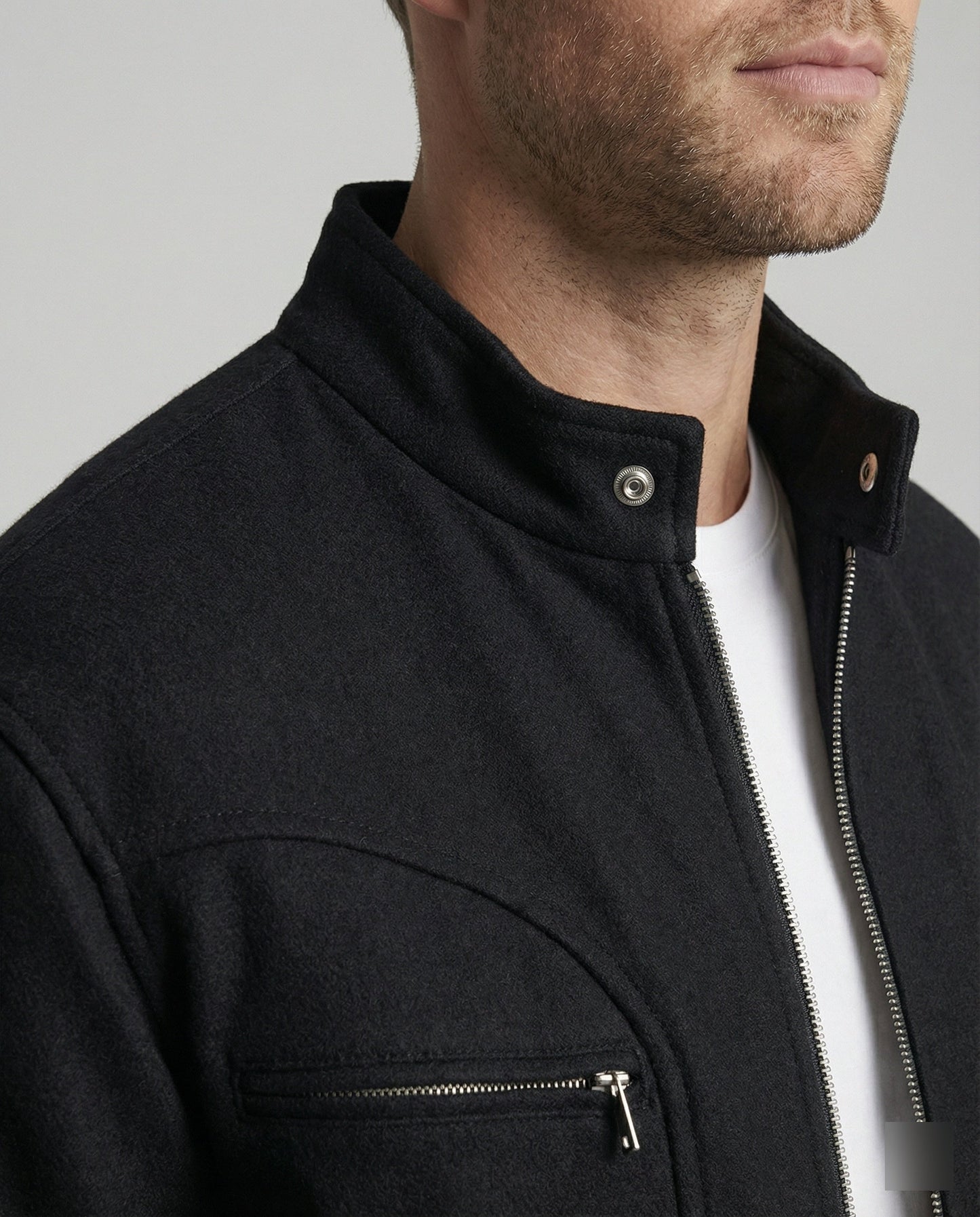 Herren Blousonjacke Lederoptik Kurz Stehkragen Reißverschluss