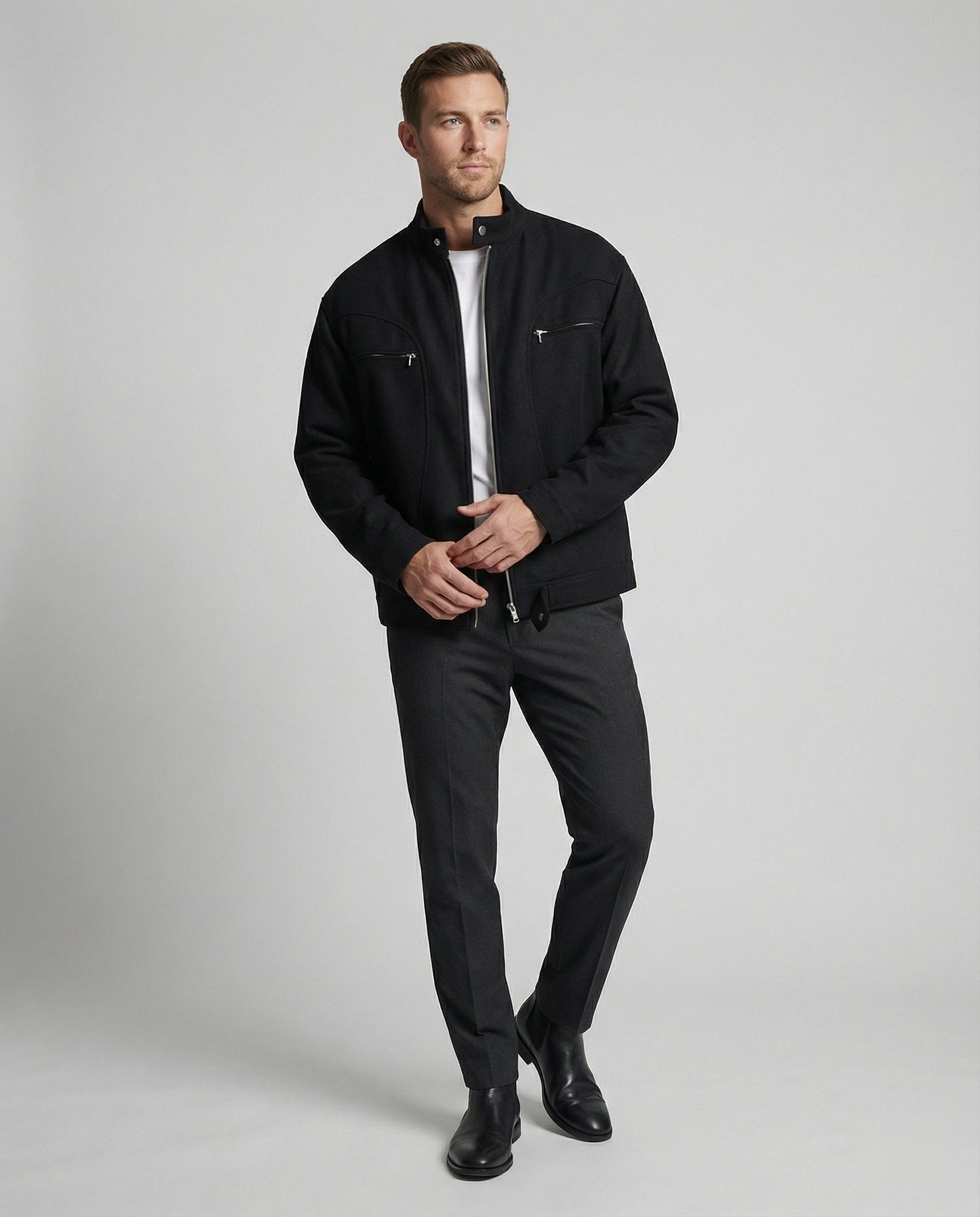 Herren Blousonjacke Lederoptik Kurz Stehkragen Reißverschluss