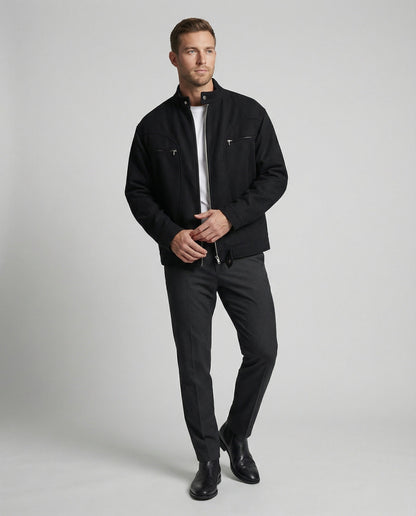 Herren Blousonjacke Lederoptik Kurz Stehkragen Reißverschluss
