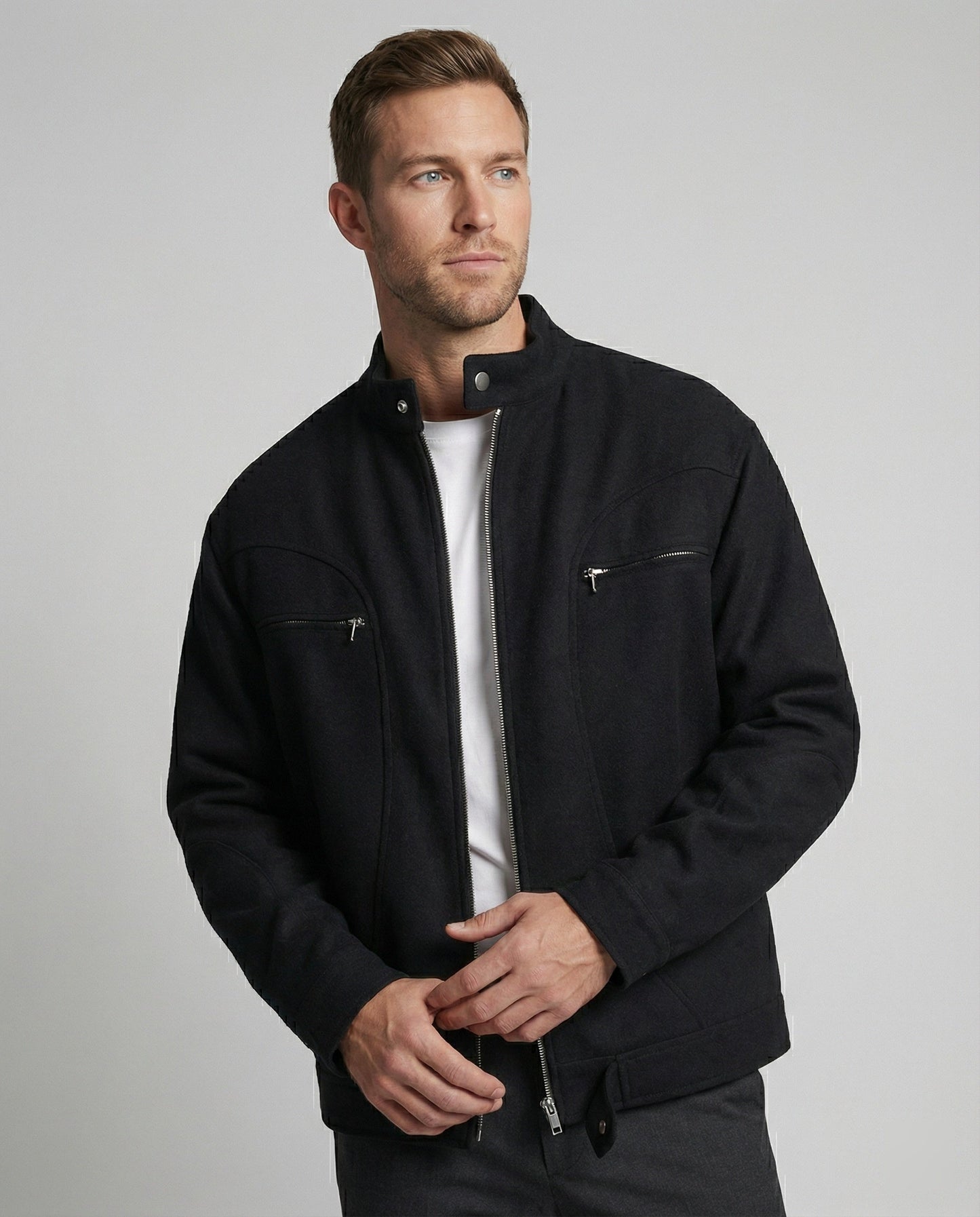 Herren Blousonjacke Lederoptik Kurz Stehkragen Reißverschluss - BerlinGlamour