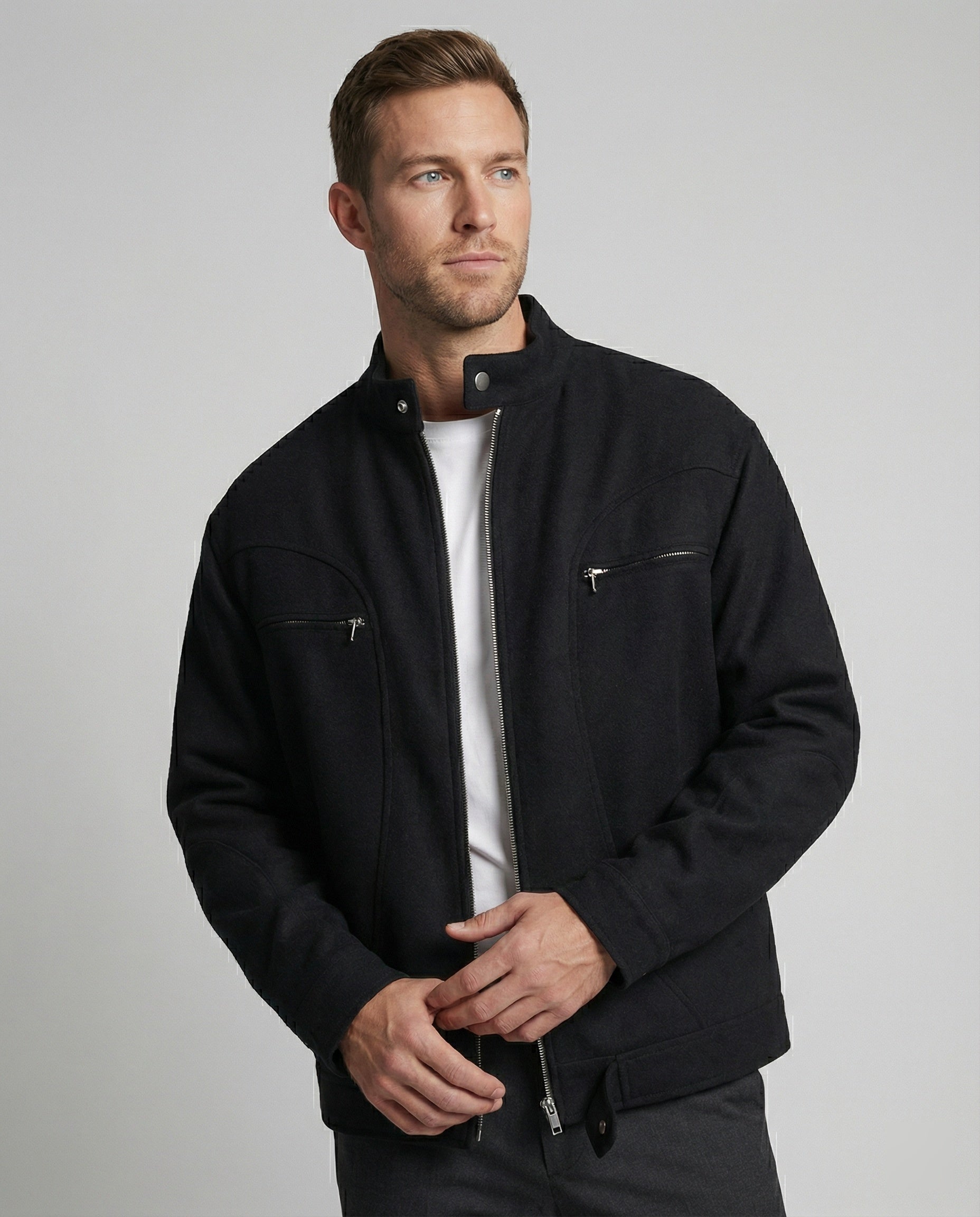 Herren Blousonjacke Lederoptik Kurz Stehkragen Reißverschluss - BerlinGlamour