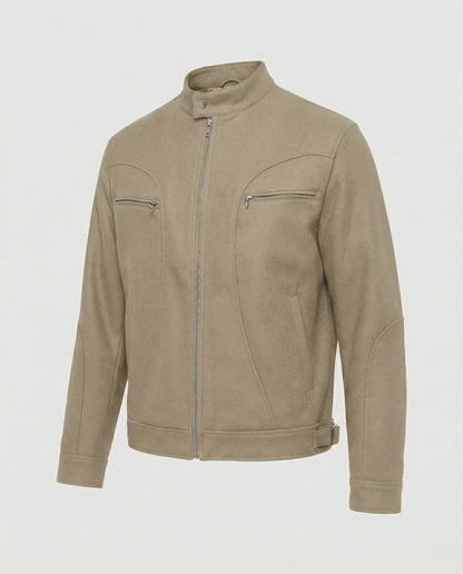 Herren Blousonjacke Lederoptik Kurz Stehkragen Reißverschluss