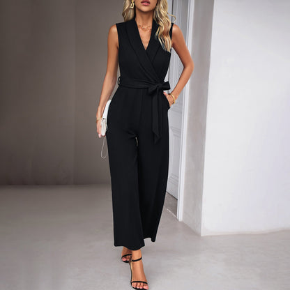 Eleganter Damen Jumpsuit Wickeloptik Taillengürtel Damenanzug