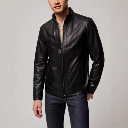 Herren Lederjacke Elegante Ledermantel Hochkragen Schwarz