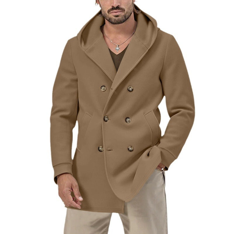 Herren Mantel Doppeltknopf Elegant mit Kapuze und Taschen