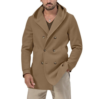 Herren Mantel Doppeltknopf Elegant mit Kapuze und Taschen