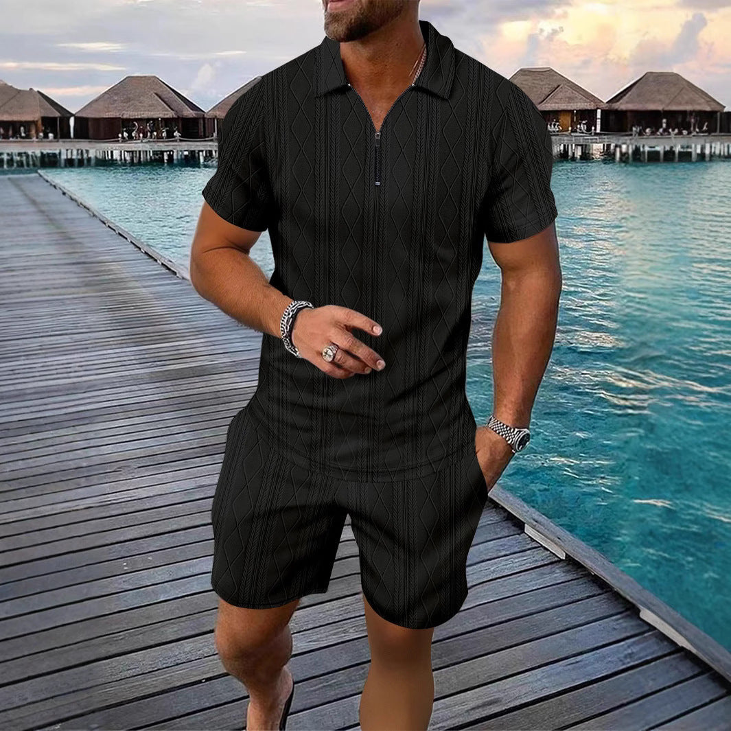 Herren Polo-Shirt Modern mit Reißverschluss Grau Strukturiert