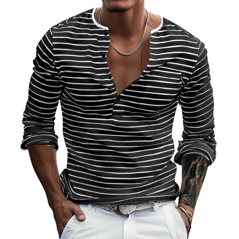 Herren Langarmshirt Streifenmuster Knöpfe Modern