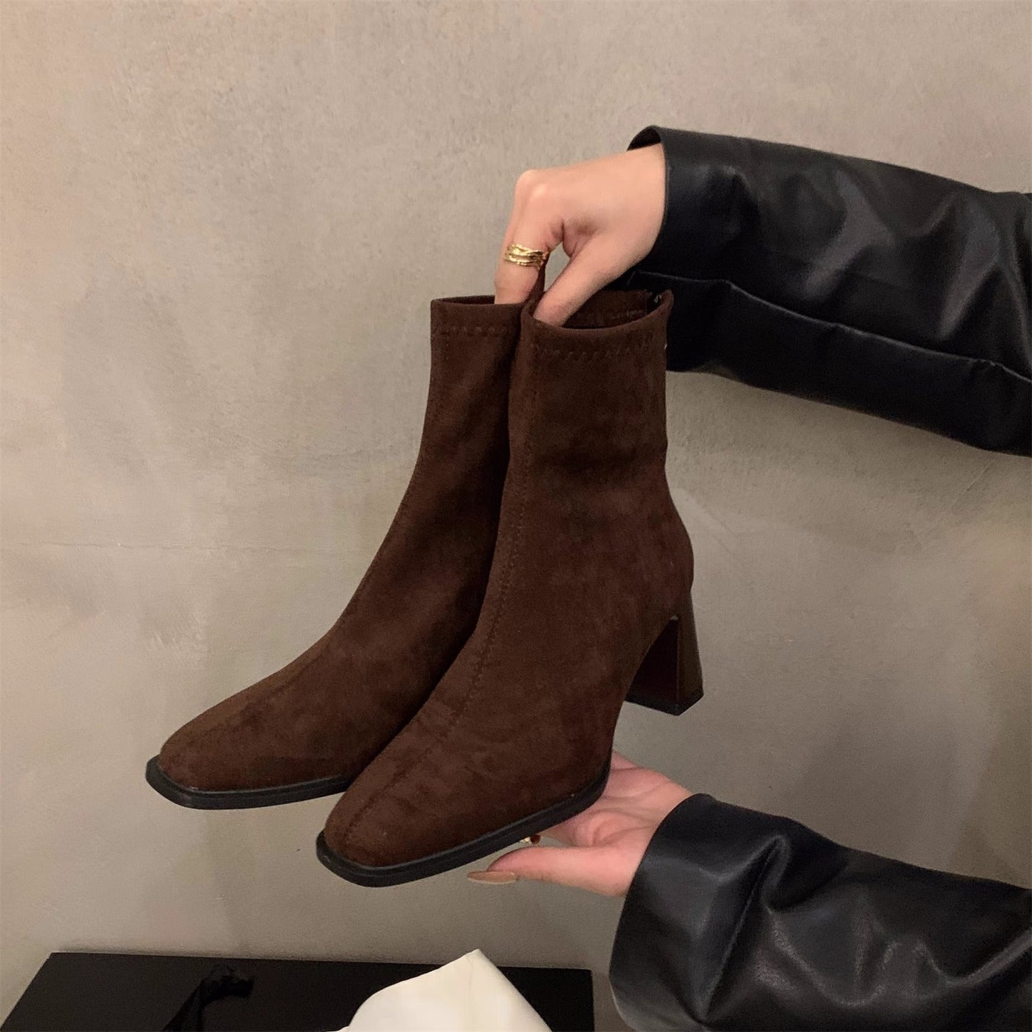 Damen Boots Veloursleder Hochabsatz Elegante Schuhe