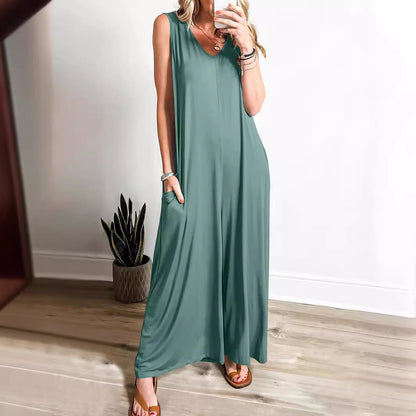 Damen Jumpsuit Locker Mit V-Ausschnitt Und Taschen