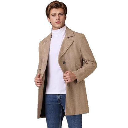 Herren Mantel Doppelreiher Herringbone Muster Elegent Schwarz