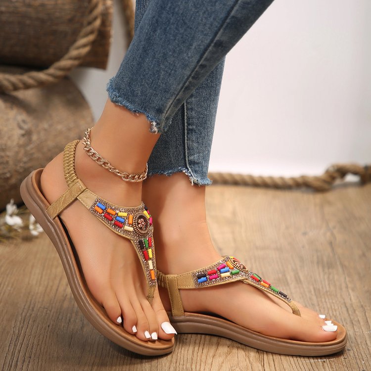 Damen Zehentrenner Sandalen Bunt Bequem Schmuckdetail