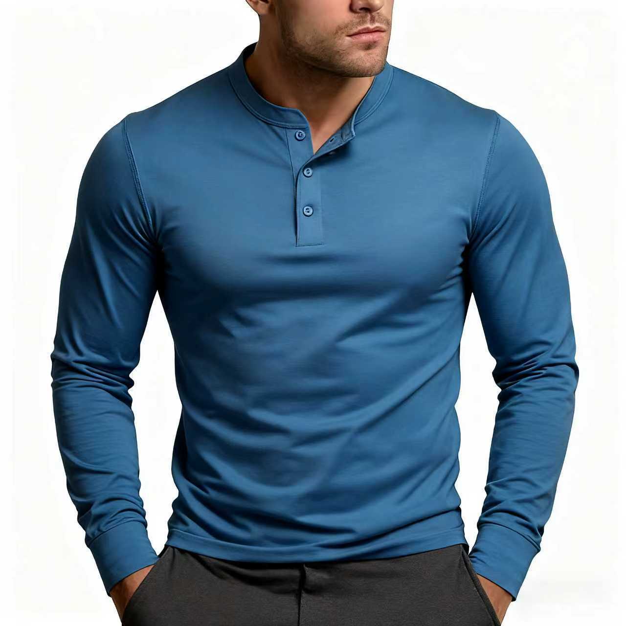 Herren Langarmshirt Klassisch Slim Fit Knopfleiste