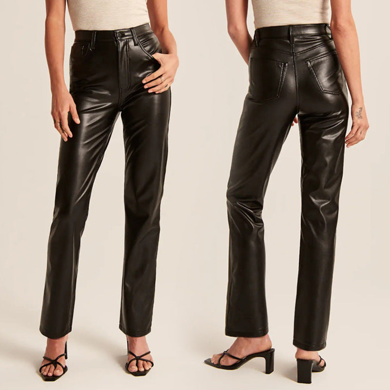 Damen Hose Kunstleder Geradbein Schwarze Stretchhose