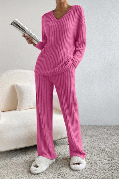 Damen Strickset Zweiteiler V-Ausschnitt Weit