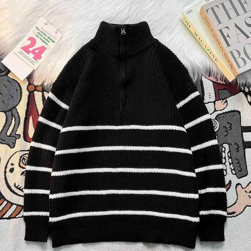 Herren Pullover Grobstrick Warm mit Reißverschluss