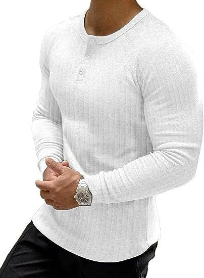 Herren Langarm T-Shirt Ripp Optik Knopfleiste Modern