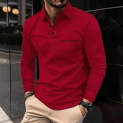 Herren Polohemd Langarm mit Stehkragen und Brusttasche Modern
