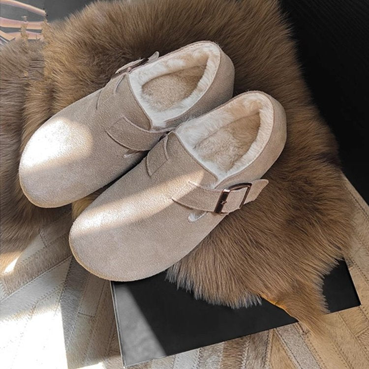 Damen Filz-Clogs Bequem Weich Kunstfell Futter Schnallenverschluss