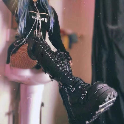 Damen Stiefel Überknie Schnallen Detail Plateau