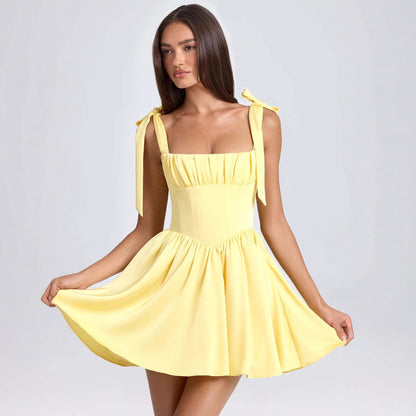 Damen Minikleid Elegantes Rüschenkleid Mit Schleife Kurz