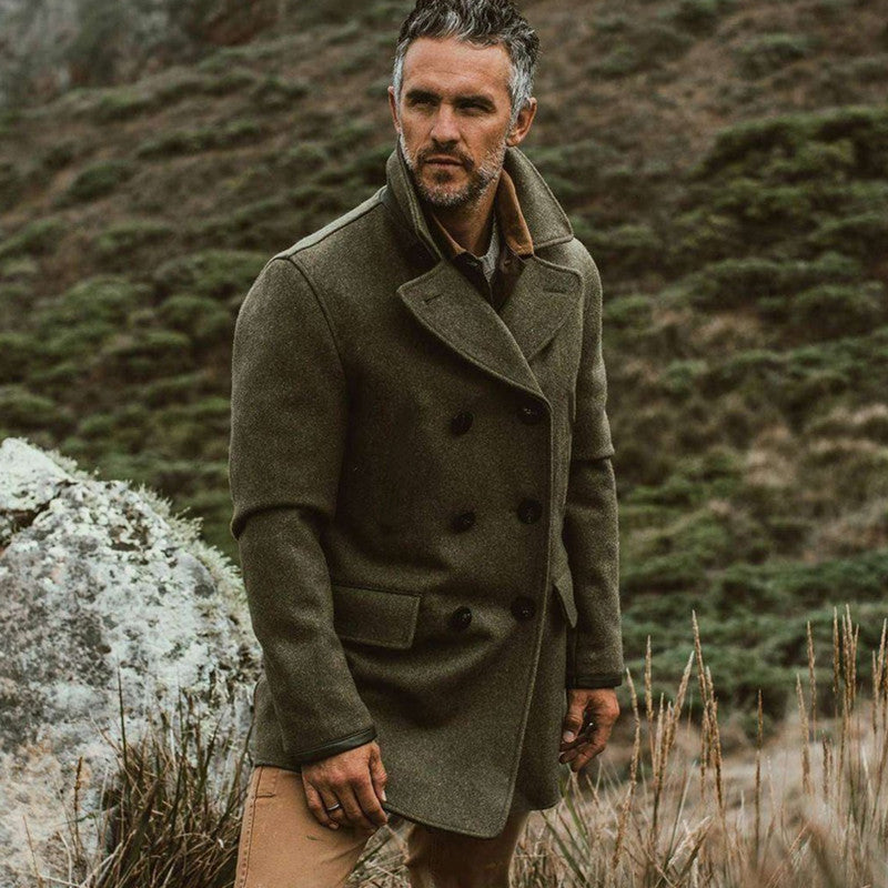 Herren Wollmantel Elegant Lang mit Doppelknopfleiste