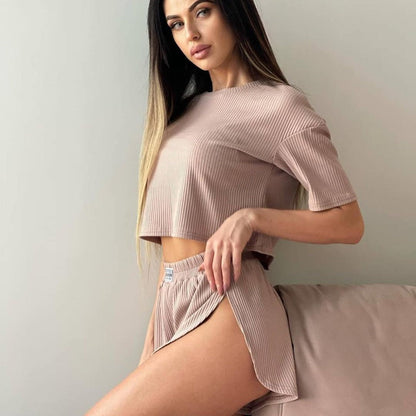 Damen Pyjama Set Bequem Atmungsaktiv Rippstruktur