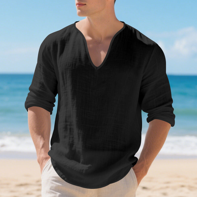 Herren Langarmshirt V-Ausschnitt Leicht Baumwolle Modern