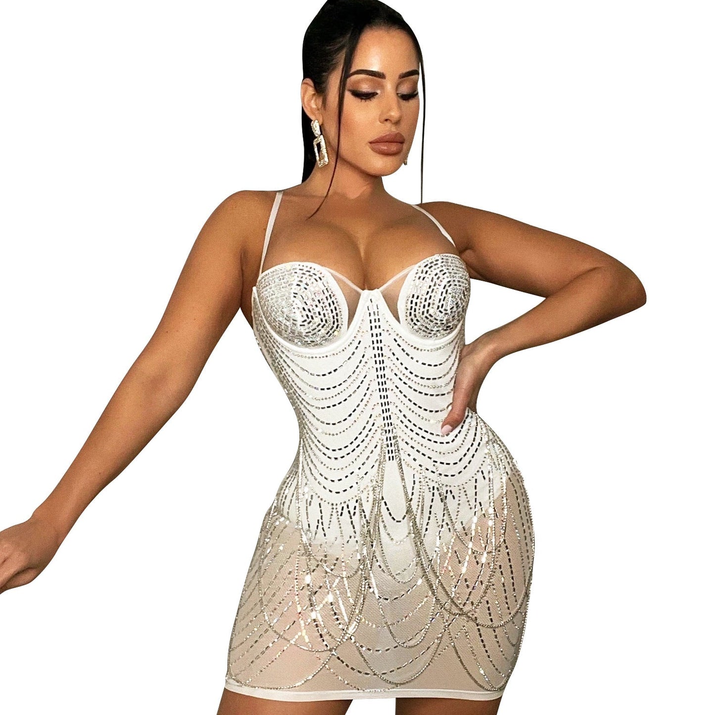 Glitzerndes Minikleid Strass Verziert Elegant