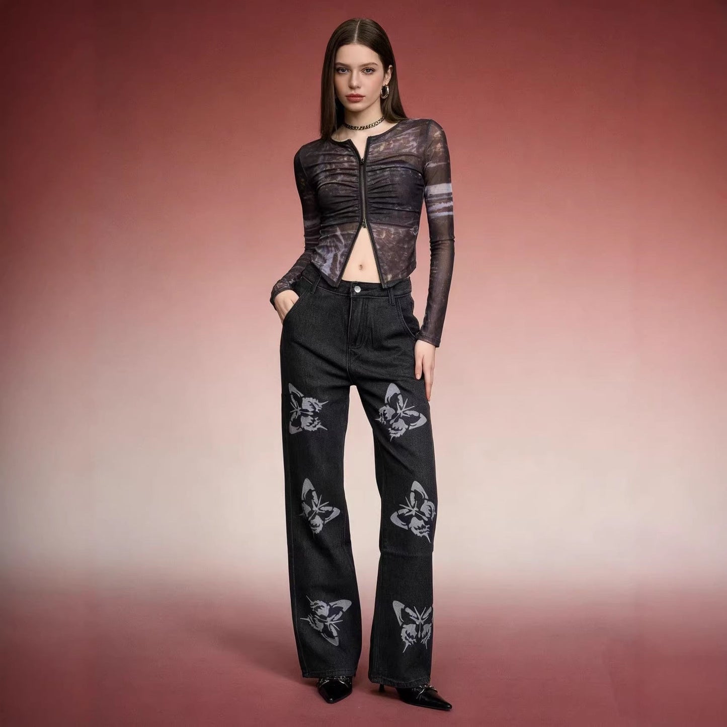 Damen Jeans Hoher Bund Blumenmuster Flare Style