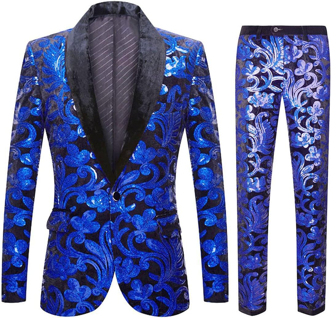 Herren Anzug Samt mit Pailletten Muster Elegant Schwarz