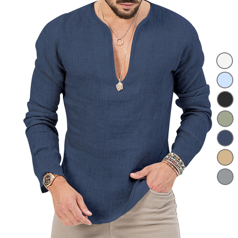 Leinen-Hemd Herren Baumwolle Relaxed Fit V-Ausschnitt