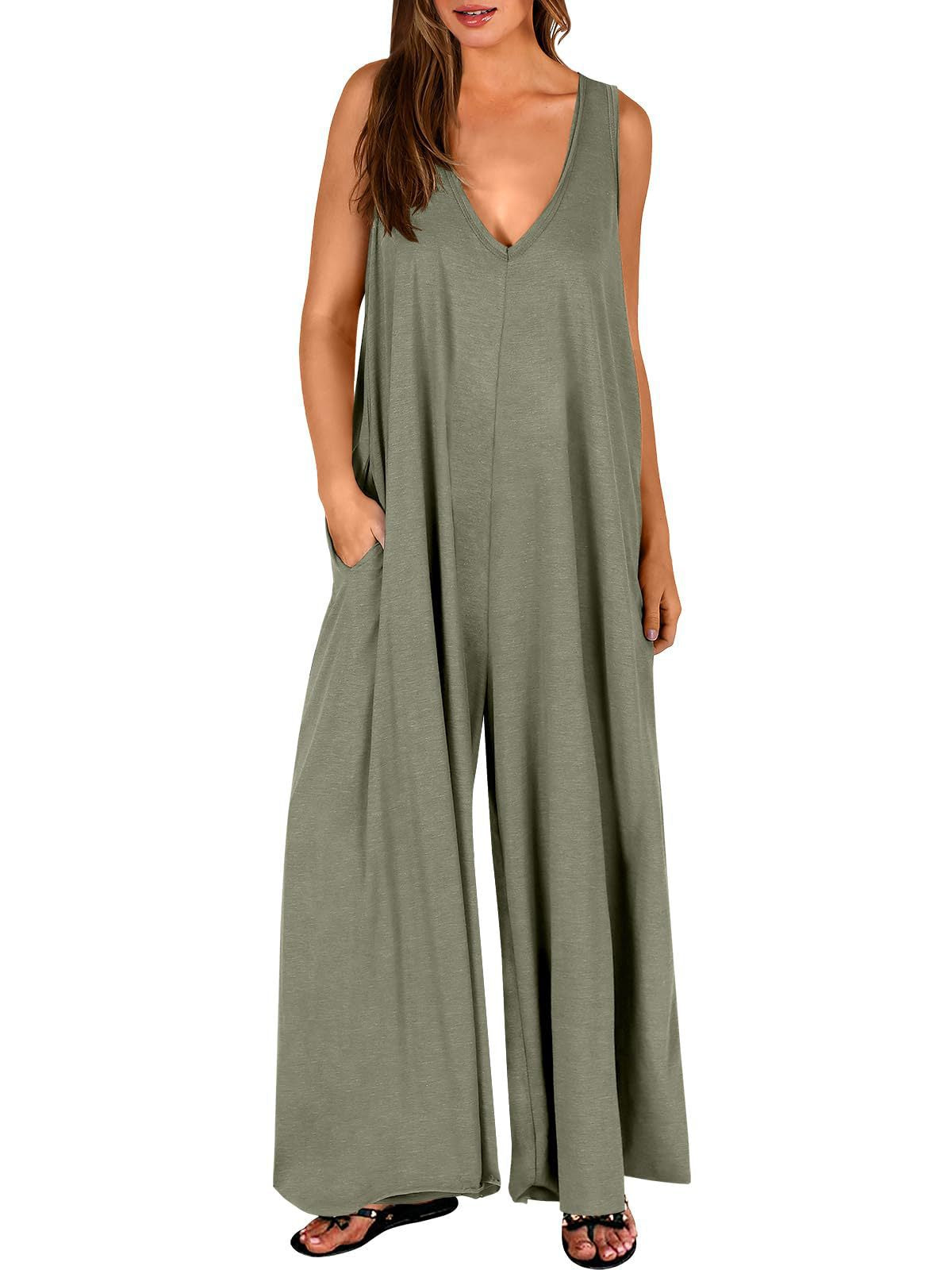 Damen Jumpsuit Locker Mit V-Ausschnitt Und Taschen