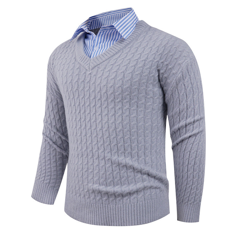 Herren Pullover Strick V-Ausschnitt Zopfmuster Elegant - BerlinGlamour