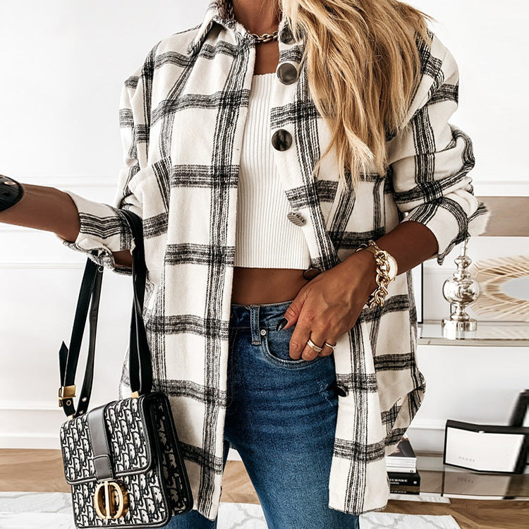 Damen Bluse Jacke Kariert mit Knöpfen Modern