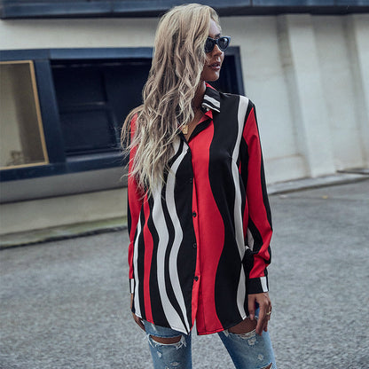 Damen Bluse Wellenmuster Modern Knöpfe Langärmlig